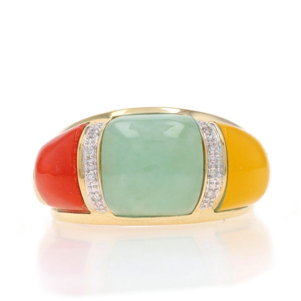 Yellow Gold Jadeite Diamond Band 10k Cabochon Three-Stone Ring Sz 7 1/4 Treated
